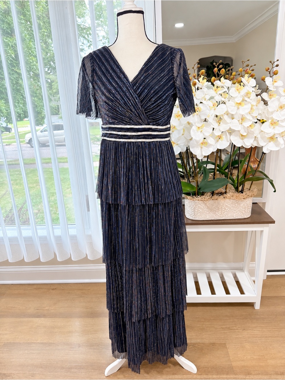 New R&M Richards Women’s Dress Sz 8P Petite Navy Multicolor Thread Four-Tier